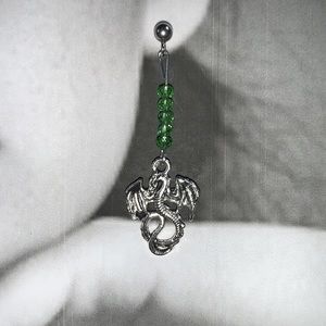 Handcrafted Green Beaded with Silvertone Dragon Pendant Post Earrings